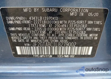 2020 Subaru Crosstrek z USA, uszkodzony, nr VIN JF2GTABC1L8279002